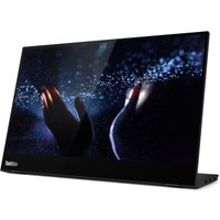 Lenovo M14t monitor, 14-inch, 1920x1080, slim black frame, touchscreen with vivid display showing hands in dark space.