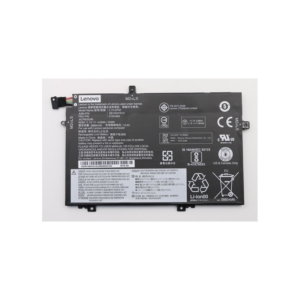 Lenovo Main Battery Pack in black, featuring a 11.1V, 3880mAh capacity, with various certification logos and technical specifications printed on the surface.