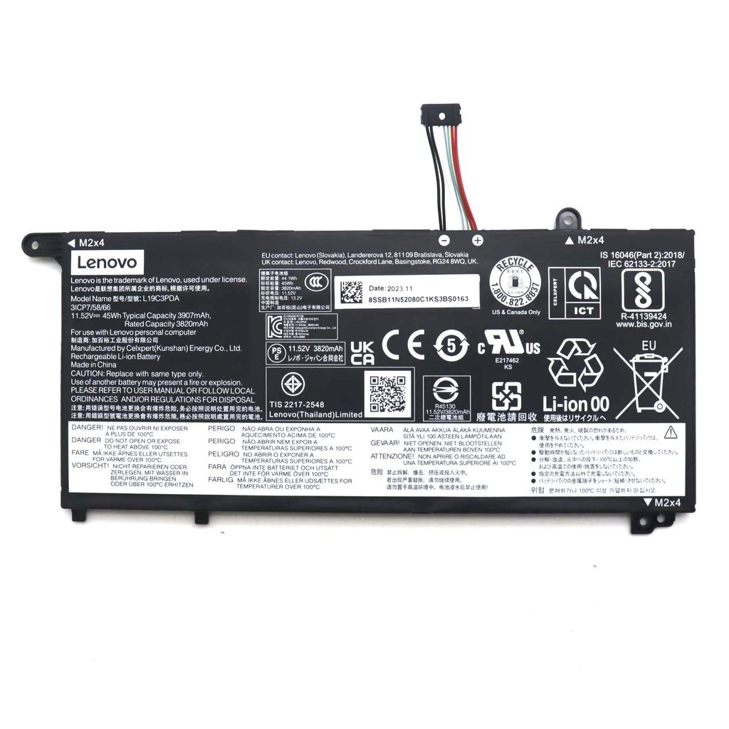 Black Lenovo battery pack with specifications, including 11.52V and 3820mAh capacity, featuring various certification logos and a connector with wires.