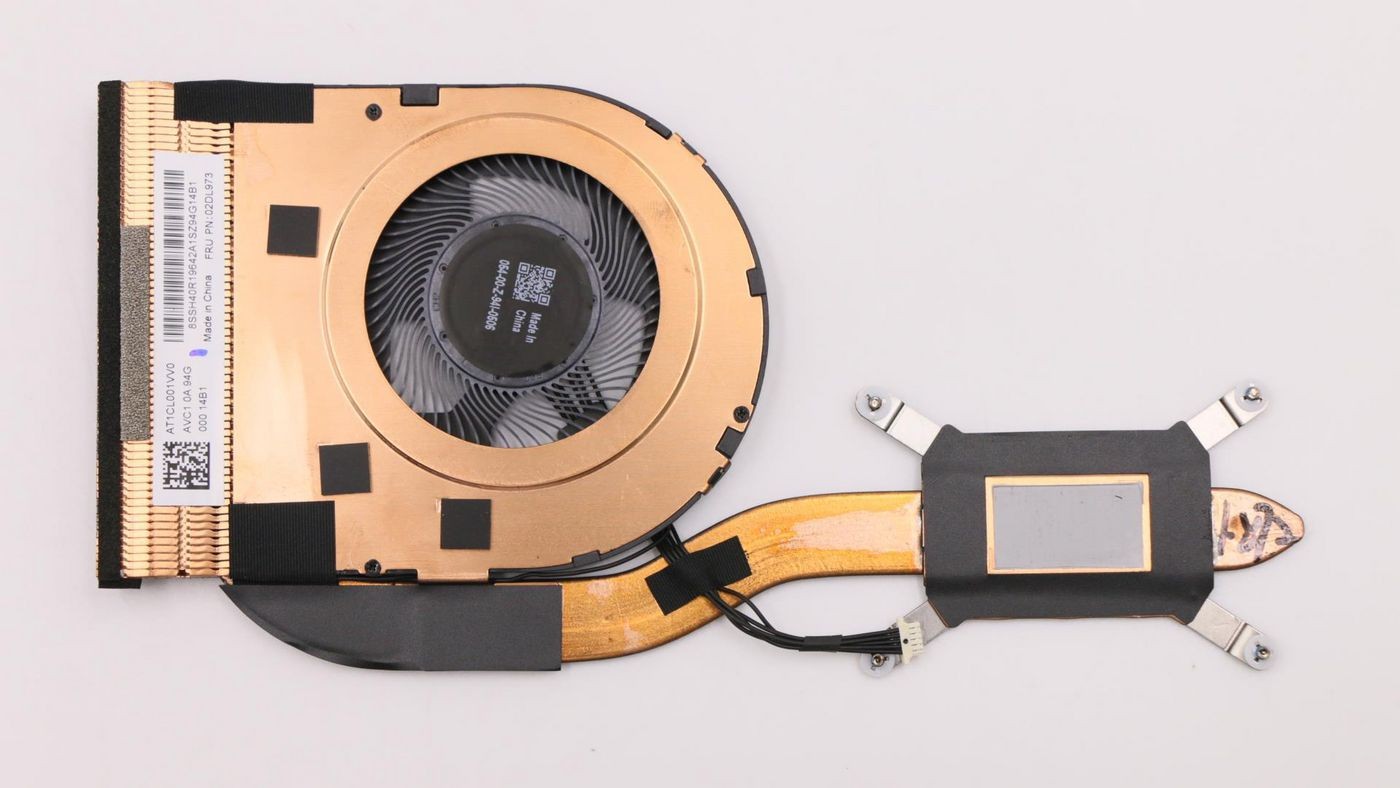Lenovo MD Herml Module F491 UM features a circular black fan, gold heat sink, and a copper heat pipe, designed for efficient cooling in Lenovo laptops.
