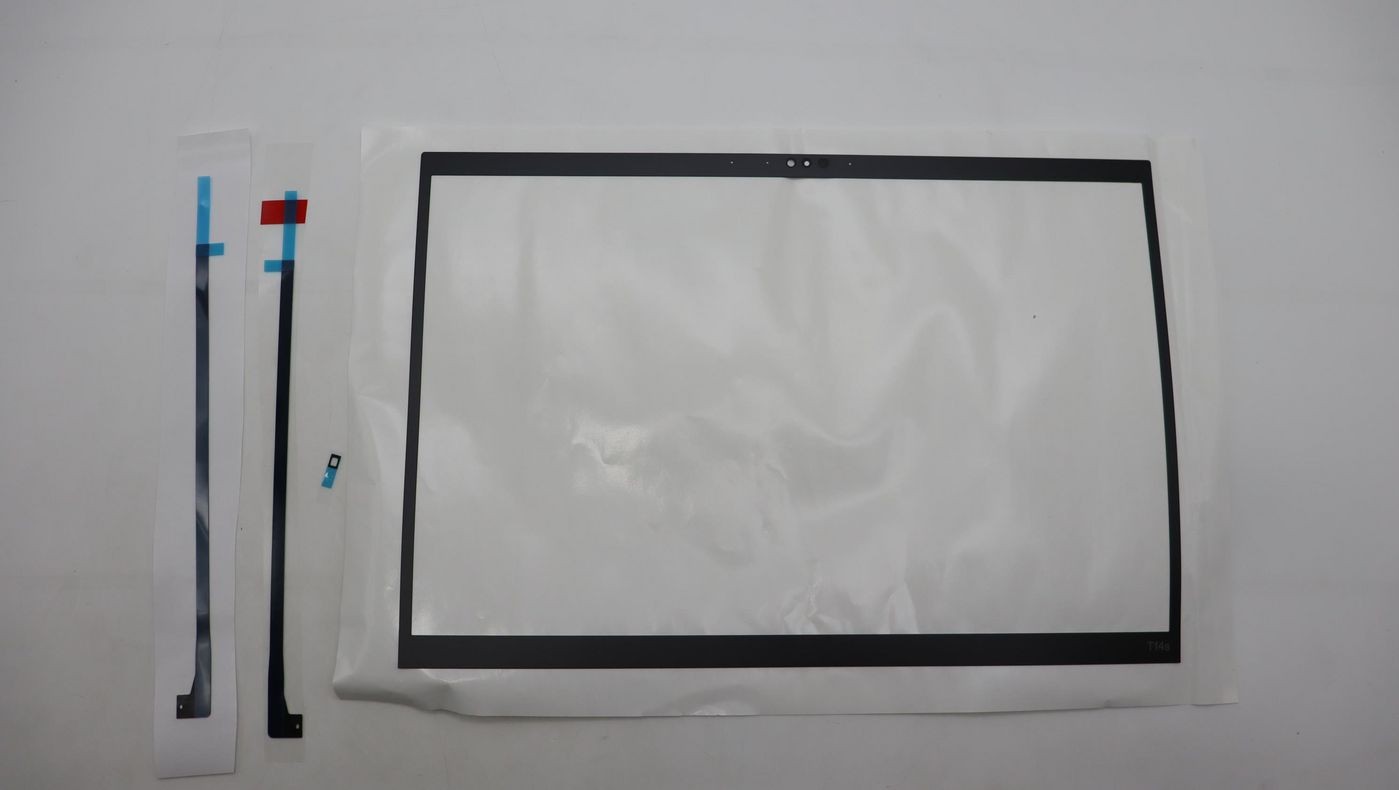 Black rectangular laptop screen bezel with adhesive strips on the side, featuring a smooth plastic finish and cutouts for camera and sensors.