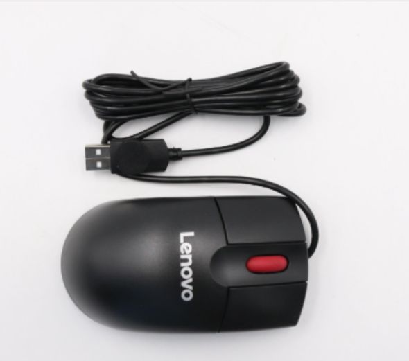 Black Lenovo mouse with a red scroll wheel, featuring a USB cable for connection, designed with a smooth plastic finish and ergonomic shape.