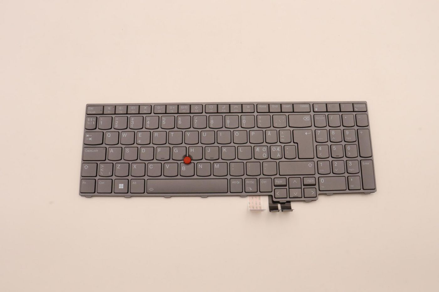 Gray Lenovo Nordic keyboard with a compact layout, featuring a red tracking nub, white key labels, and a sleek, matte finish.