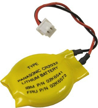 Yellow circular lithium battery with printed text, featuring two wires (red and black) and a white connector, labeled as Panasonic CR2032.