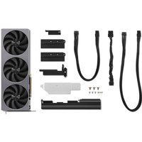 Lenovo NVIDIA GeForce RTX 5080 graphics card with triple fans, black cables, and mounting accessories.