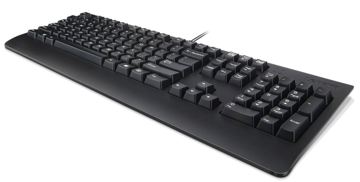Black Lenovo Preferred Pro II Keyboard with a universal USB connection, featuring a QWERTY layout and Finnish-Swedish key markings, designed for durability and comfort.