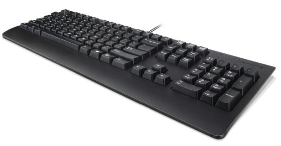 Black Lenovo Preferred Pro II USB QWERTY keyboard with a sleek design, featuring Spanish layout keys, a sturdy plastic build, and a comfortable wrist rest.