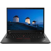 Black Lenovo ThinkPad T490s laptop, 14-inch display, island-style keyboard, red trackpoint, windmill wallpaper.