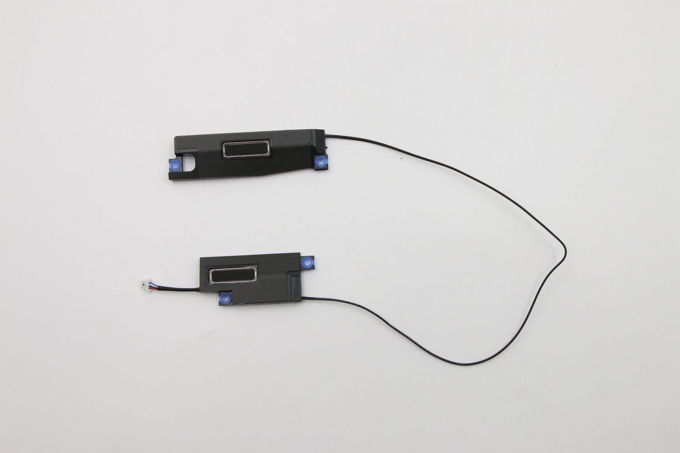 Black Lenovo speaker assembly with two elongated components connected by a thin wire, featuring blue mounting clips and a small multi-colored connector.