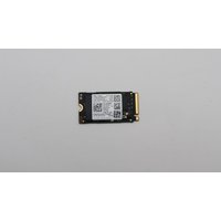 Black Lenovo SSD with gold connector, compact M.2 2242 form factor, labeled with QR codes and technical details.