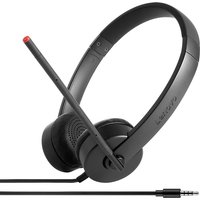 Black Lenovo wired headset with headband, cushioned ear cups, adjustable boom mic, and 3.5mm audio jack.