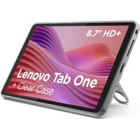 Lenovo Tab One tablet with 8.7" HD+ display, silver body, and clear case, standing on a built-in kickstand.