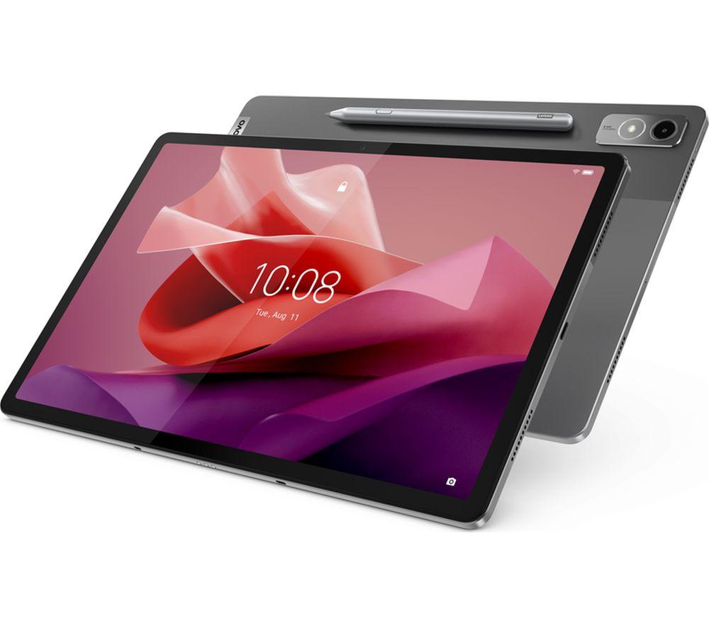 Lenovo Tab P12 in Storm Grey, featuring a sleek design, 12.7-inch display, 128GB storage, and a stylus positioned on the back, showcasing a modern, minimalist aesthetic.