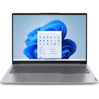 Grey Lenovo ThinkBook 16" laptop with slim bezels, full keyboard, and Windows 11 interface on screen.
