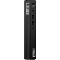 Lenovo ThinkCentre M70q Gen 5 mini PC, black, vertical design, front USB ports, power button, and Lenovo logo.