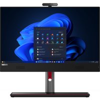 Lenovo ThinkCentre M90a Gen 5 desktop, 23.8-inch display, sleek black design, integrated webcam, red-accented stand.
