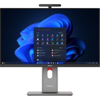 Lenovo ThinkCentre M90a Pro Gen 6, 27-inch monitor, slim bezel, built-in webcam, sleek silver stand with red accent.
