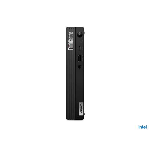 Lenovo ThinkCentre M90q Gen 2 in sleek black, featuring a compact design with ribbed texture, multiple ports, and Intel branding, ideal for space-saving setups.