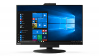 Lenovo ThinkCentre Tiny-in-One 27 monitor features a sleek black design, 27-inch display, and a built-in webcam, showcasing the Windows 10 interface on the screen.