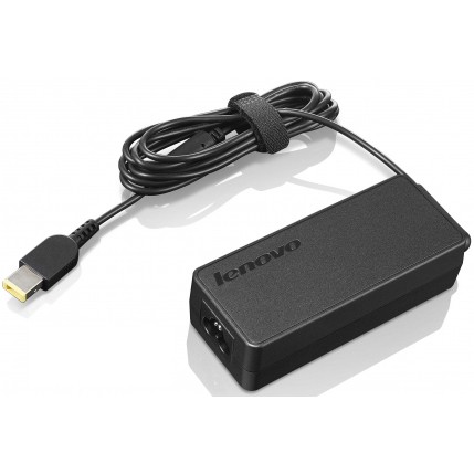 Black Lenovo ThinkPad 65W AC adapter with a rectangular design, featuring a power cord and a yellow-tipped connector, secured with a cable tie.
