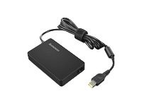 Black Lenovo ThinkPad 65W Slim AC Adapter with a slim tip connector and a coiled power cord, featuring a textured surface and the Lenovo logo on top.