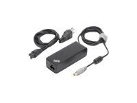 Black Lenovo ThinkPad 90W AC power adapter with a sleek design, featuring a detachable Denmark line cord and a connector cable for laptop charging.