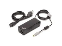 Black Lenovo ThinkPad 90W AC power adapter with a rectangular design, featuring a Swiss line cord and a connector cable for laptop charging.