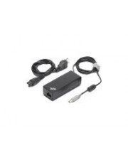 Black Lenovo ThinkPad 65W AC adapter with a rectangular design, featuring a power cord and a connector cable for charging laptops.