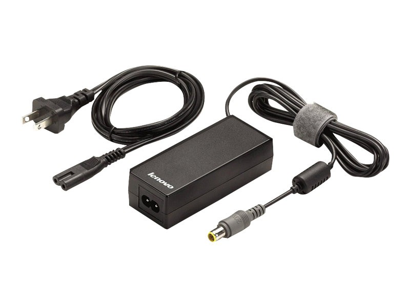Black Lenovo ThinkPad power adapter with two cables: one for AC power and another for connecting to the laptop, featuring a rectangular design and a cylindrical connector.
