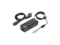 Black Lenovo ThinkPad 65W AC adapter with a rectangular body, featuring a power input port and a detachable cable, accompanied by a power cord and a connector cable.