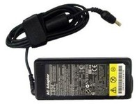 Black Lenovo ThinkPad 65W ultraportable AC adapter with a power cord, featuring safety labels and specifications printed on the side.