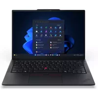 Black Lenovo ThinkPad E14 Gen 7 laptop, AMD Ryzen 5, 16GB RAM, 256GB SSD, with red trackpoint and Windows interface on screen.