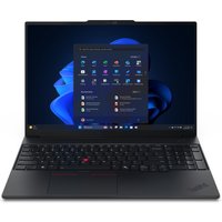 Black Lenovo ThinkPad E16 Gen 3 laptop with Intel Core Ultra 7, featuring a full keyboard and Windows interface on screen.