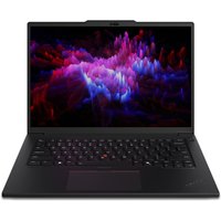 Black Lenovo ThinkPad P14s Gen 5 laptop with 14.5" display, backlit keyboard, and sleek design.