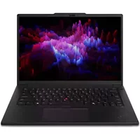 Black Lenovo ThinkPad P14s Gen 5 laptop with 14.5" display, backlit keyboard, and sleek design.