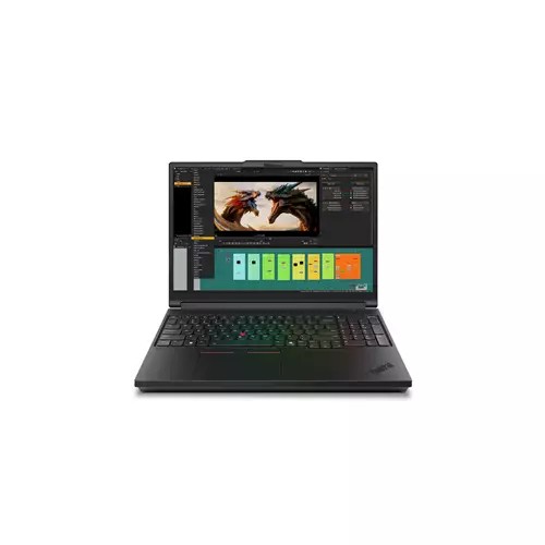 Black Lenovo ThinkPad P16 Gen 3 laptop with a 16-inch WUXGA display, Intel Core Ultra 9 processor, 64 GB DDR5 RAM, 1 TB SSD, and NVIDIA RTX PRO 2000 graphics, featuring a sleek design.