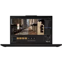 Black Lenovo ThinkPad P16s Gen 4 laptop with 16-inch display, thin bezels, and visible keyboard, showing a cityscape image.