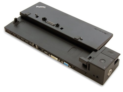 Lenovo ThinkPad Pro Dock in black, featuring multiple USB ports, HDMI, DVI, and Ethernet connections, with a sleek, sturdy design for enhanced connectivity.