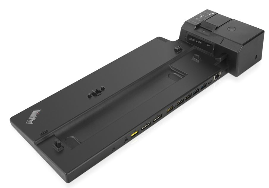 Black Lenovo ThinkPad Pro Docking Station featuring multiple ports, including USB, HDMI, and Ethernet, with a sleek design and a compact form factor.