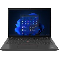 Black Lenovo ThinkPad T14 Gen 3 laptop, 14-inch screen, Windows 11 interface, UK keyboard layout, sleek design.