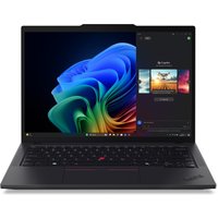 Lenovo ThinkPad T14 Gen 6 laptop, black, with AMD Ryzen AI, colorful display, and red trackpoint on keyboard.