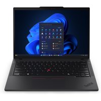 Black Lenovo ThinkPad T14 Gen 6 laptop, 14" display, sleek design, Windows 11 interface, red TrackPoint on keyboard.