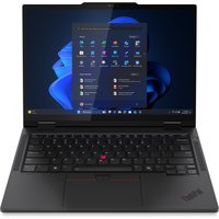 Black Lenovo ThinkPad T14s 2-in-1 laptop with 14" touchscreen, backlit keyboard, and Windows 11 interface displayed.