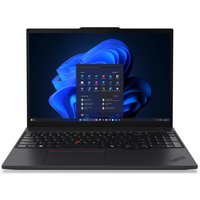 Black Lenovo ThinkPad T16 Gen 4 laptop with Intel Core Ultra 7, thin bezels, and backlit keyboard displaying Windows screen.