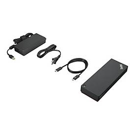 Black Lenovo ThinkPad Universal Thunderbolt 4 Smart Dock with a sleek, rectangular design, featuring multiple ports and cables, including a power adapter and USB cable.