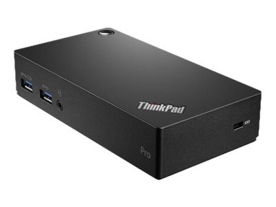 Black Lenovo ThinkPad USB 3.0 Pro Dock featuring multiple USB ports, a headphone jack, and a sleek, rectangular design with the "ThinkPad Pro" logo prominently displayed.