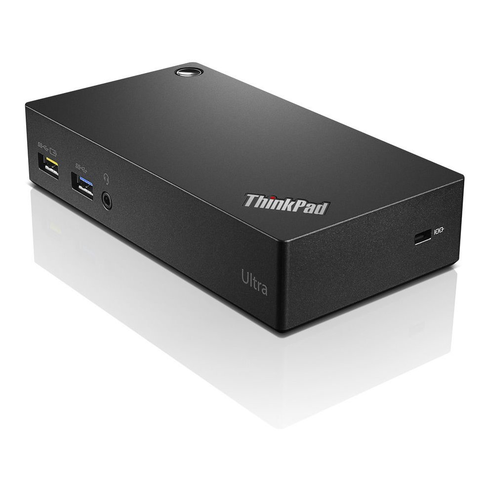 Black Lenovo ThinkPad USB 3.0 Ultra hub featuring multiple USB ports, including a Type-A and a USB 3.2 Gen 1 port, with a sleek, matte finish and the "ThinkPad Ultra" logo.