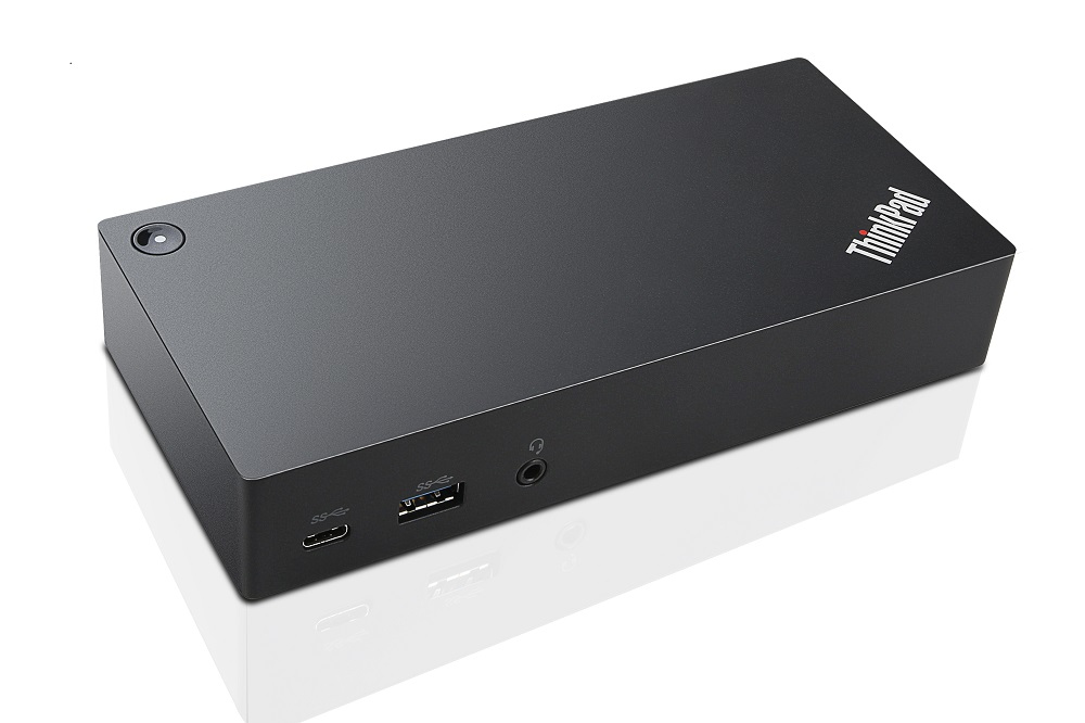 Black Lenovo ThinkPad USB-C hub featuring multiple ports including USB 3.2 Gen 1, a headphone jack, and a sleek, rectangular design with the ThinkPad logo.