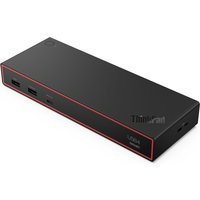 Black Lenovo ThinkPad USB4 Smart Dock with red trim, multiple USB ports, and 135W power adapter.