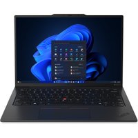 Black Lenovo ThinkPad X1 Carbon Gen 12 laptop, 14" display, sleek design, backlit keyboard, Windows 11 interface visible.